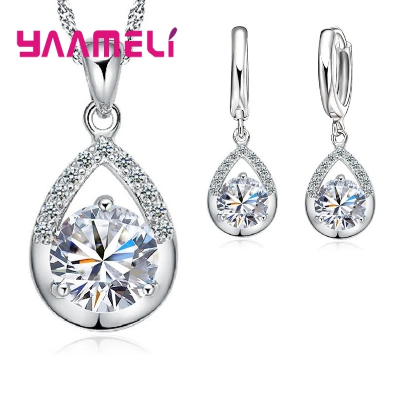 Hot Sale 925 Sterling Silver Bridal Jewelry Sets Romantic Style Water Drop Austrian Crystal Women Engagement Necklace Earrings