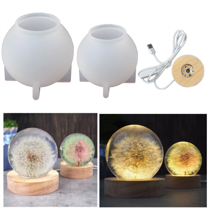 Crystal Ball LED Night Lights Epoxy Resin Mold Home Decoration Silicone Mold Wooden Lighted Base Dried Dandelion Flower