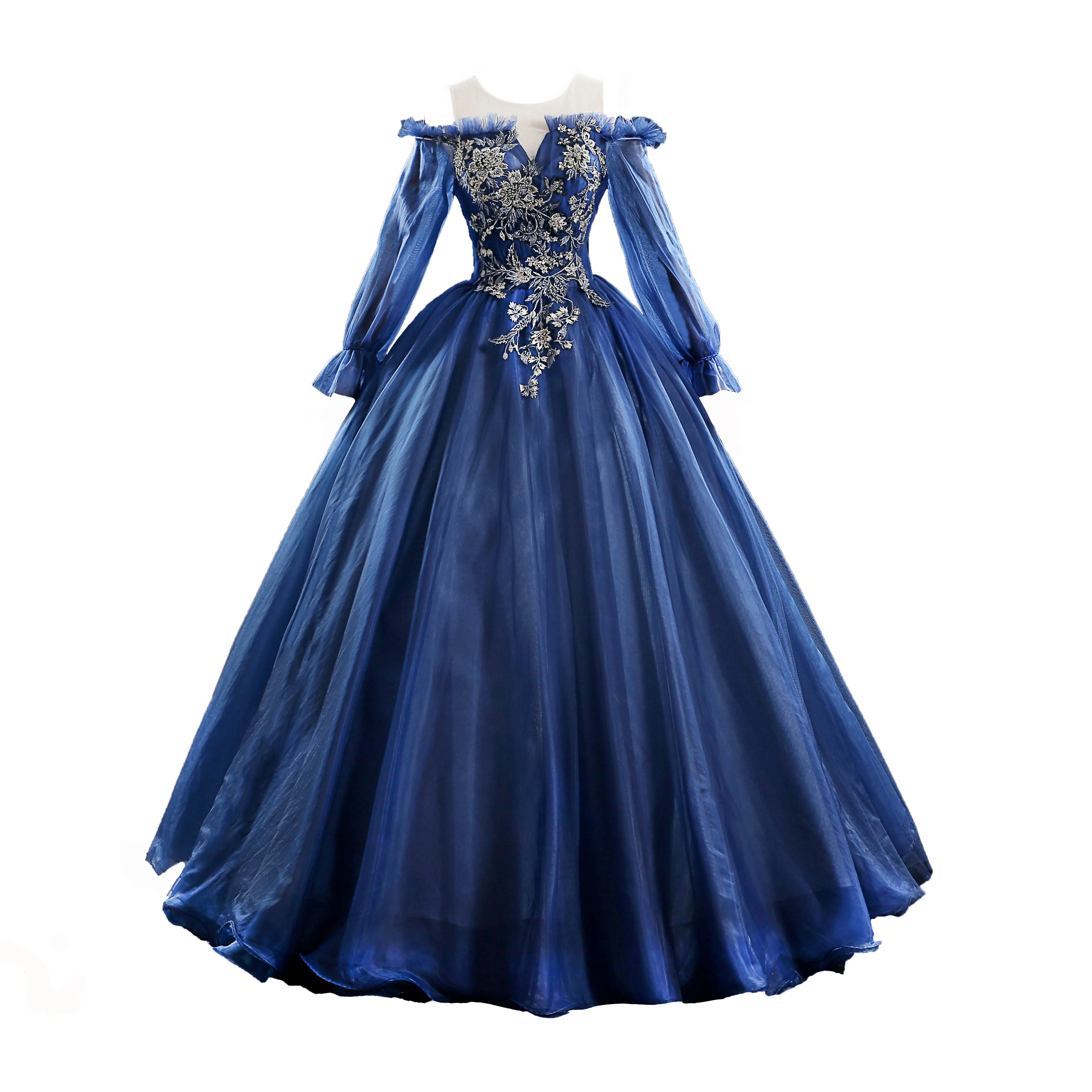 Royal blue แขนยาวเย็บปักถักร้อยลูกปัด rococo ball ชุดราตรียาว vintage ยุคกลางชุด Renaissance princess Victoria ชุด