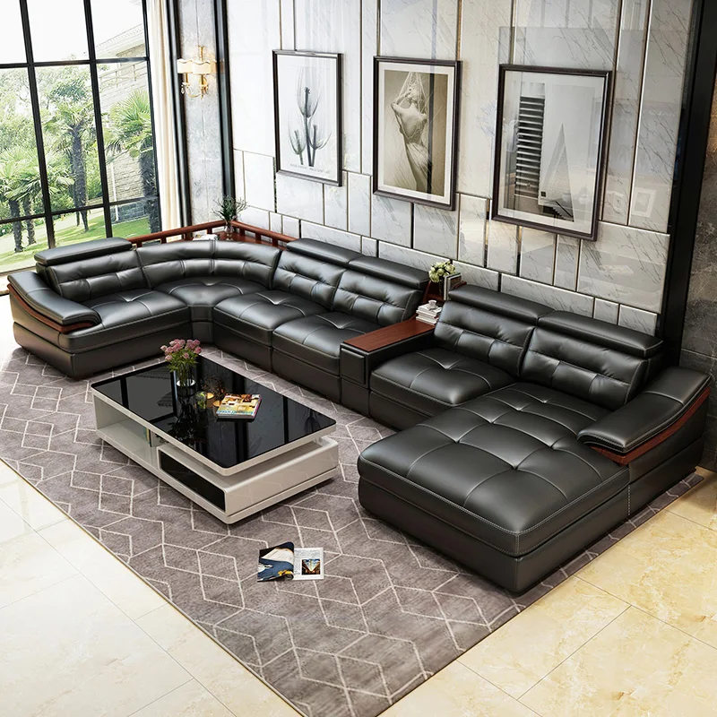 leather sofa U-shaped head-shaped leather simple modern living room leather sofa corner large-family sofa combination