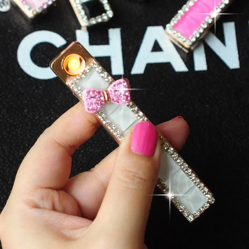 USB Rhinestone Lighter Creative Ultra-thin Personality Diamond-studded Lady Rechargeable Lighter Cigarette Accessories Lady Gift