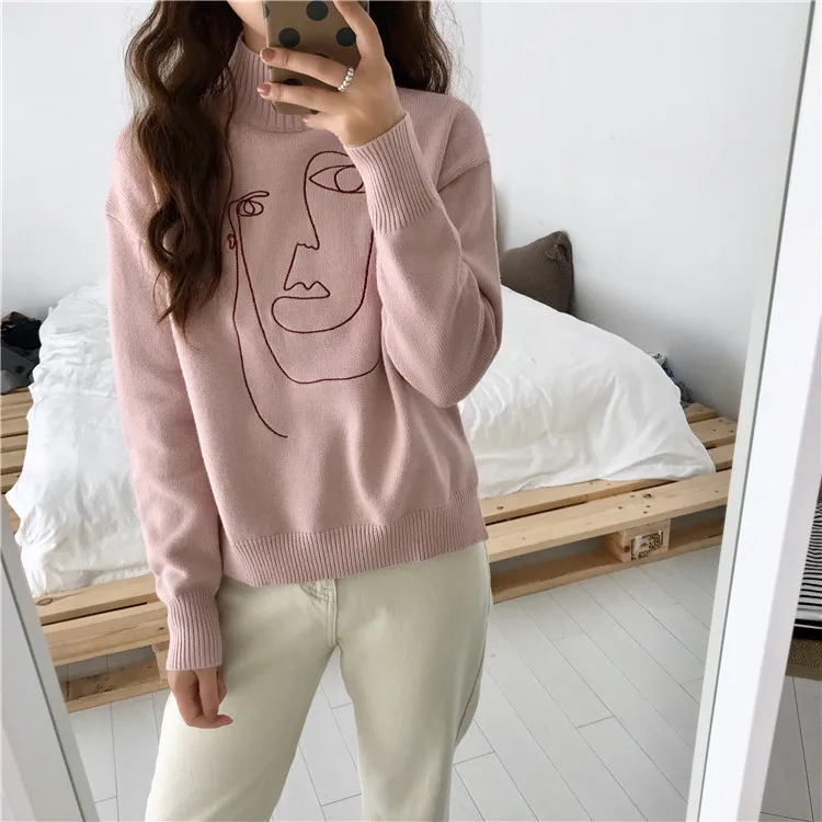 Character Embroidered Sweater Woman High Collar Long Sleeve Knit Wool Pullover Spring and Autumn 2019