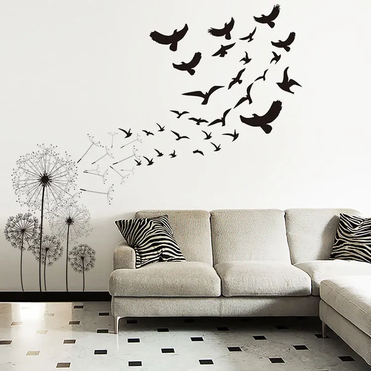 Kreative Wandsticker mit Motiven von Löwenzahn und fliegenden Vögeln, zur Dekoration von Wohnzimmern, als Hintergrund für Sofas, als Wandbild, für Schlafzimmer und zur Gestaltung von Wohnräumen, abnehmbare Tapete. – Detail 2
