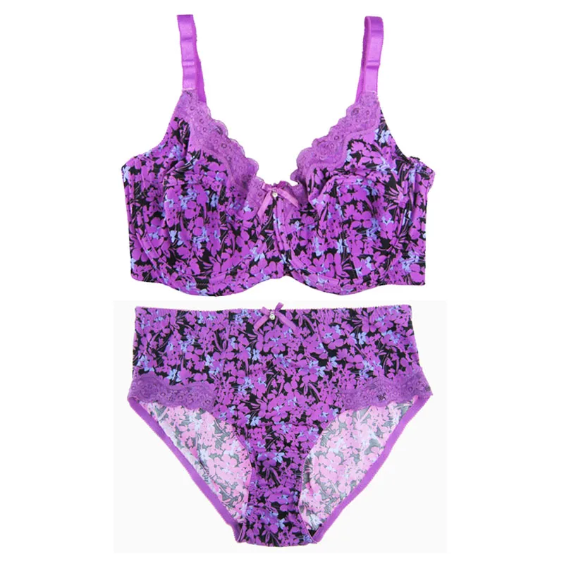 New Women\'s Full Cup Bra Set Push Up Sexy Lace Bra Cotton Briefs Sets Underwear Minimizer Bra Unlined Big Size 36D-46G