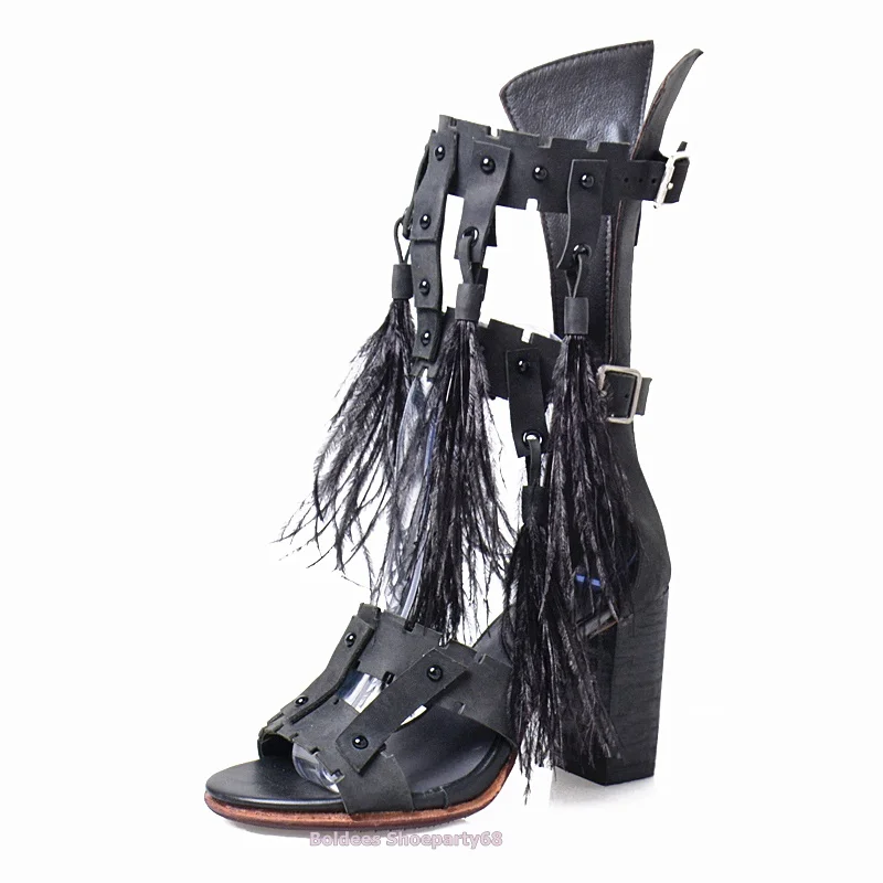 

Buckle Straps Tassels Feather Chunky High Heeled Sandals Women Knot Gladiator Leather SummerHigh Heel Dress Shoes