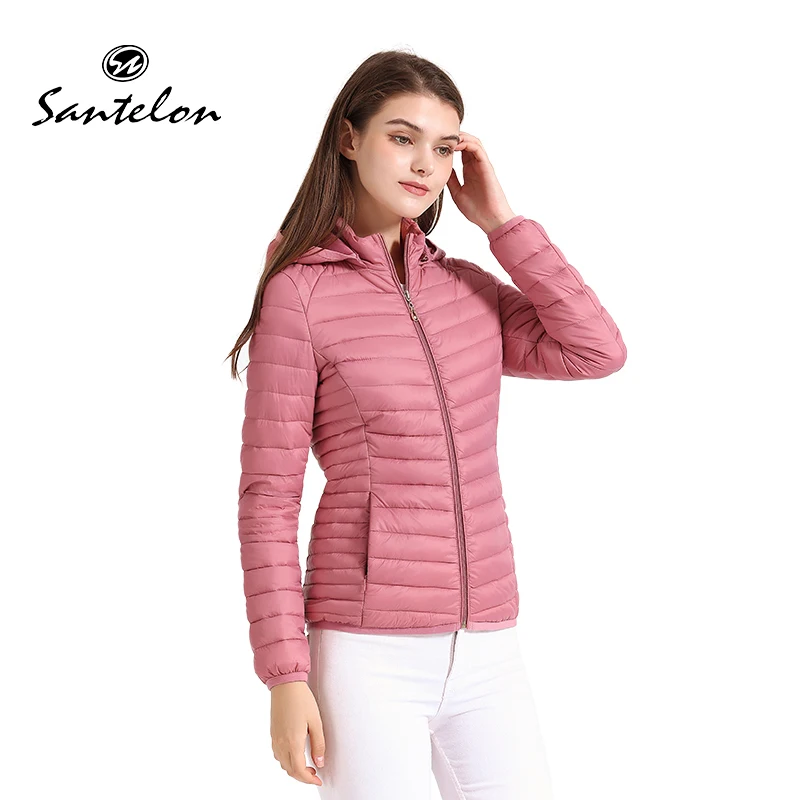 SANTELON Women Fashion Ultralight Padded Puffer Jacket Coat Lady Soild Lightweight Warm Outwear With Detachable Hood Storage Bag