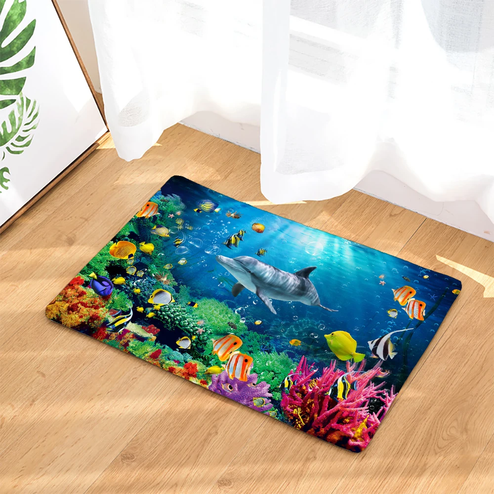 3D Printed Cartoon Ocean Dolphin Sea Beach Non-Slip Bath Mat 60*40cm For Bathroom Carpet Rugs Flannel Kitchen Toilet Door Mat