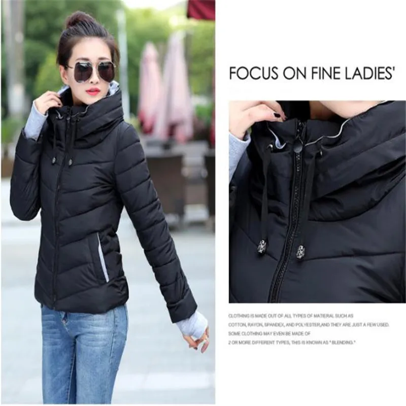 New Women\'s Cotton Coat Short Outwear Standing Collar Zipper Jacket Drawstring Slim Multicolor Winter Small Tops Warm Handguard