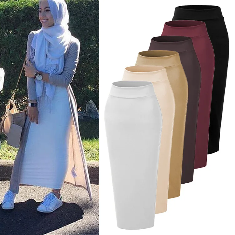 GOHYPDUG Fashion Elegant Women Lady Spring Pencil Skirt Highwaist Bodycon Cotton Muslim Ankle-Length Skirts Islamic Bottom