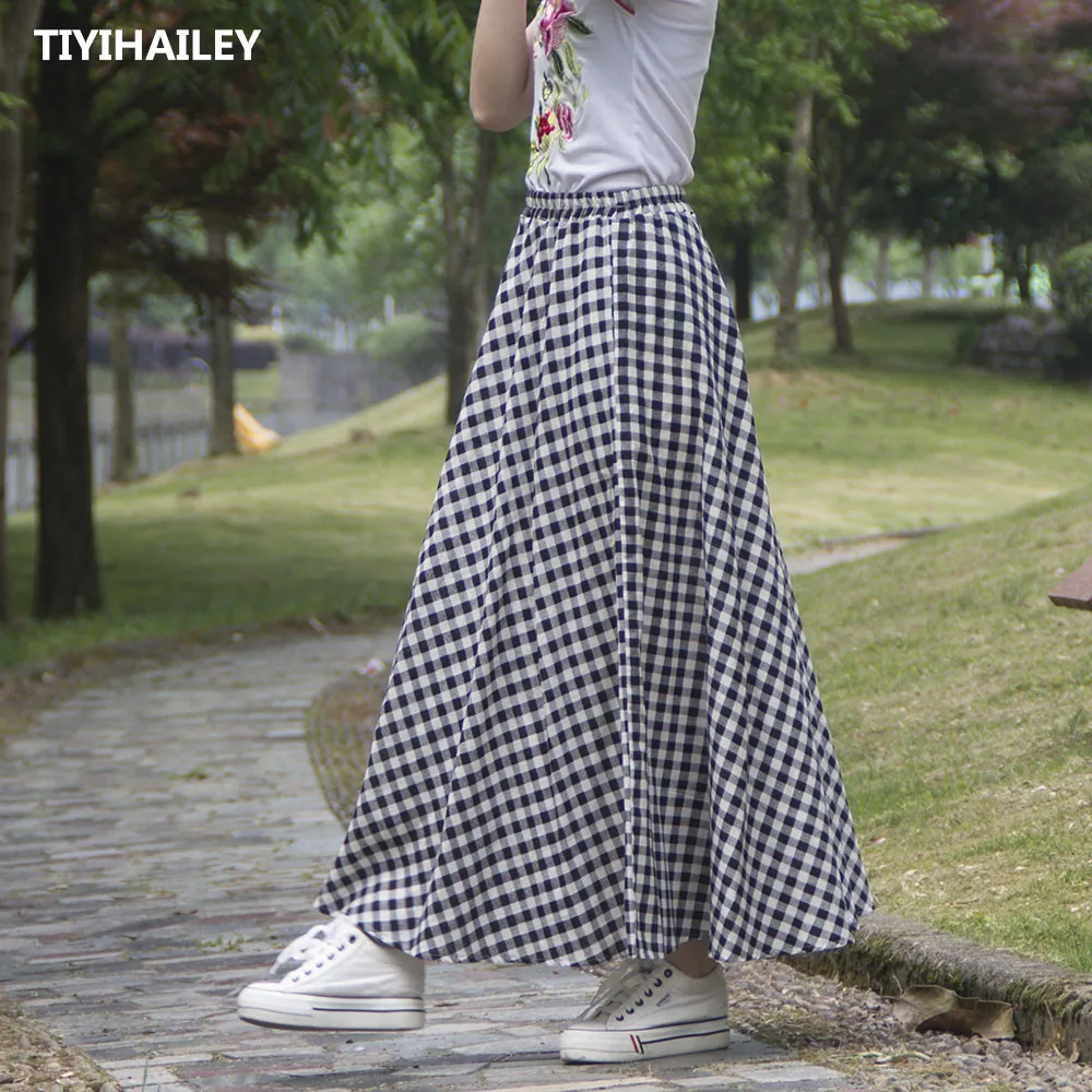 

TIYIHAILEY Free Shipping 2021 Fashion Long Maxi A-line Elastic Waist Women Cotton And Linen White And Black Plaid Spring Skirts