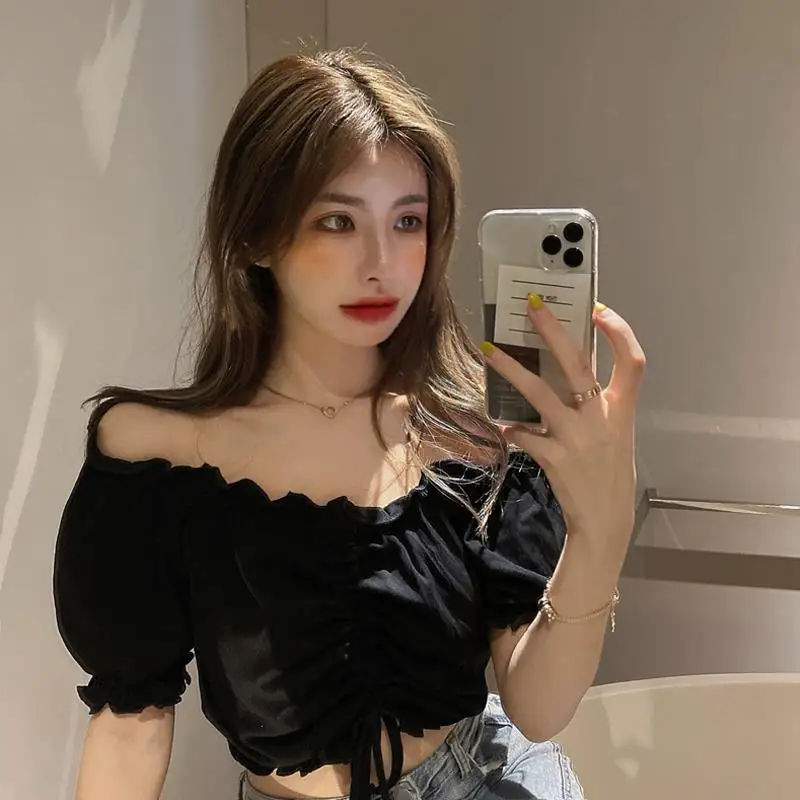 Fashion Blouses Woman Sexy Off Shoulder Crop Top Ruffles Shirt Puff Sleeve Harajuku Tee Shirt Chiffon Youth Elegant Blouse