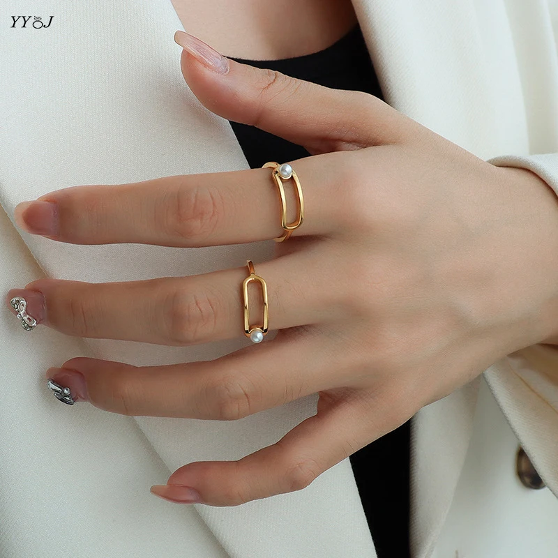 Geometry pearl stainless steel ring for women simple dainty elegant ring stackable trendy women jewelry