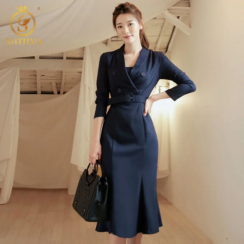 Autunno e inverno nuovo arrivo moda elegante corea vestito manica lunga doppio petto colletto dentellato vestito abiti