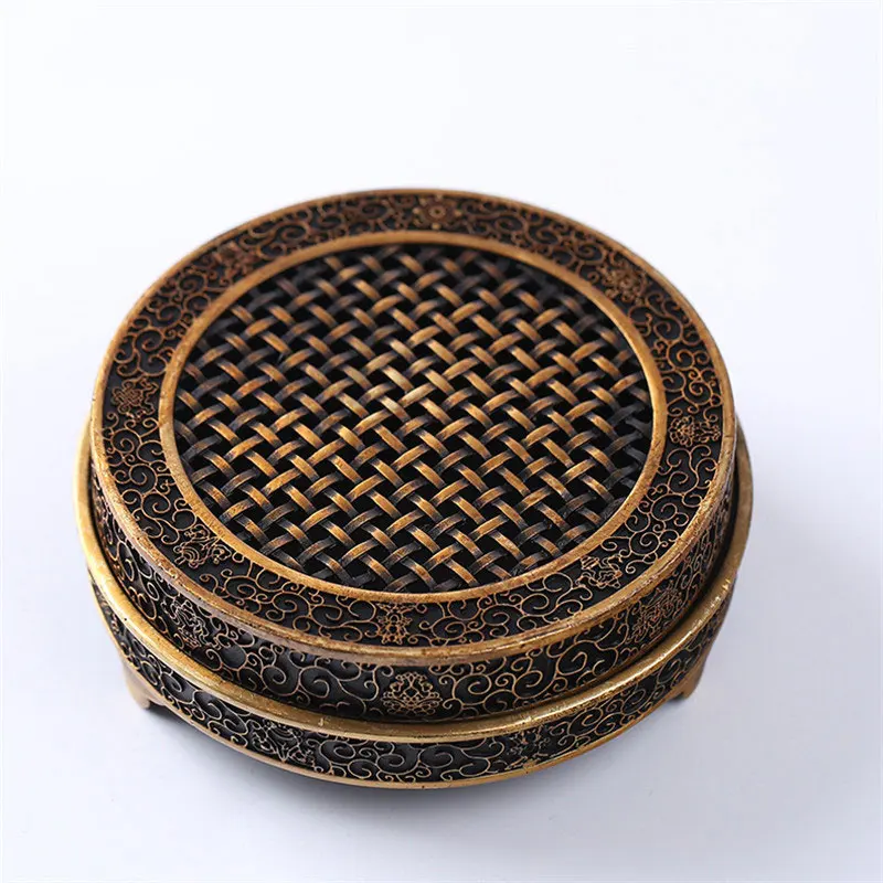 Pure Copper Carved Incense Burner Braided Lid Censer Home Buddhist Temple Decoration Antique Incense Coil Sandalwood Censer