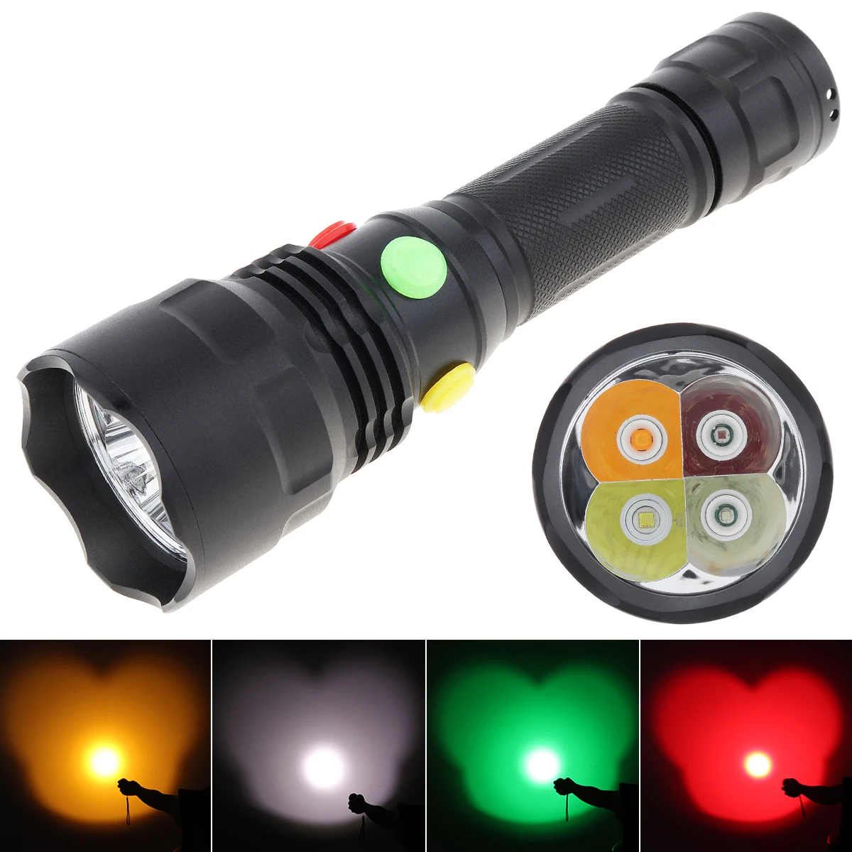 SecurityIng 4 in 1 Colorful Waterproof Tactical Flashlight White Red Green Yellow Light Led Torch Rechargeable for Hunting Hike