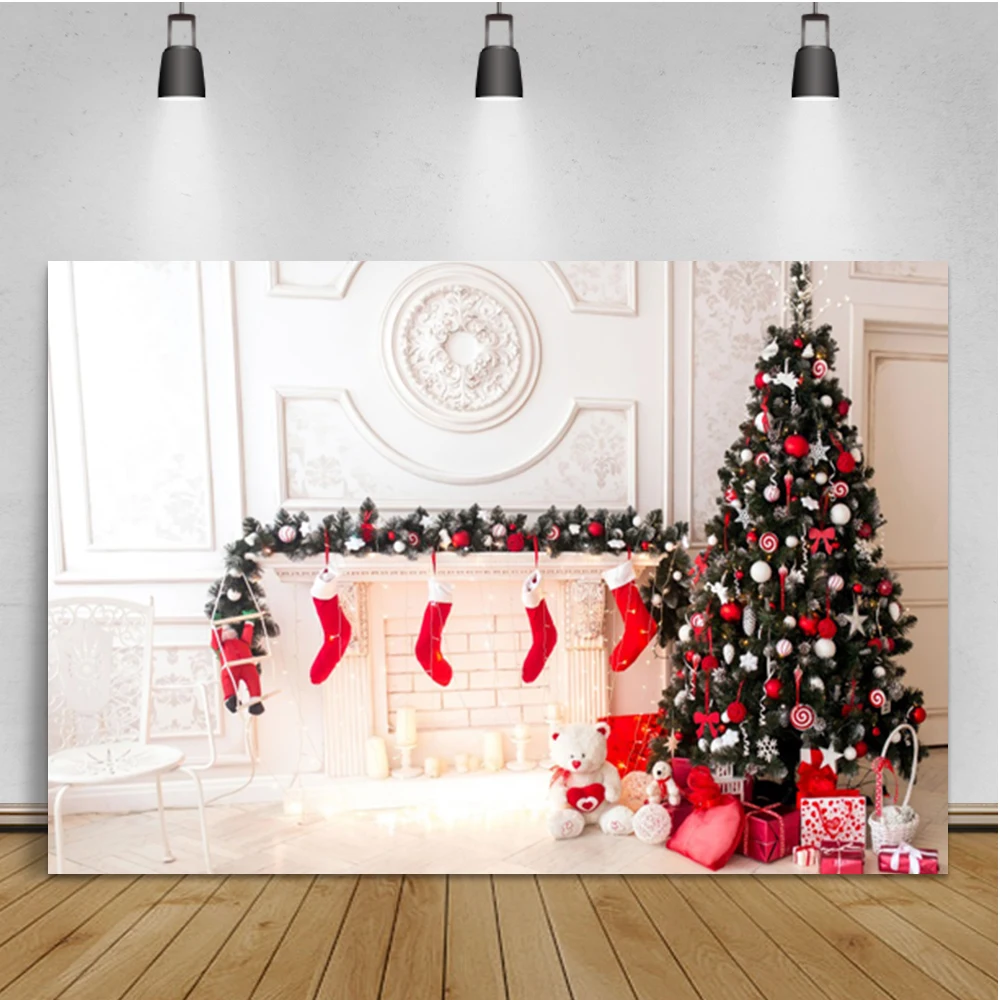 Laeacco White Vintage Wall Interior Christmas Tree Background Fireplace Socks Gifts Newborn Birthday Photographic Backdrop