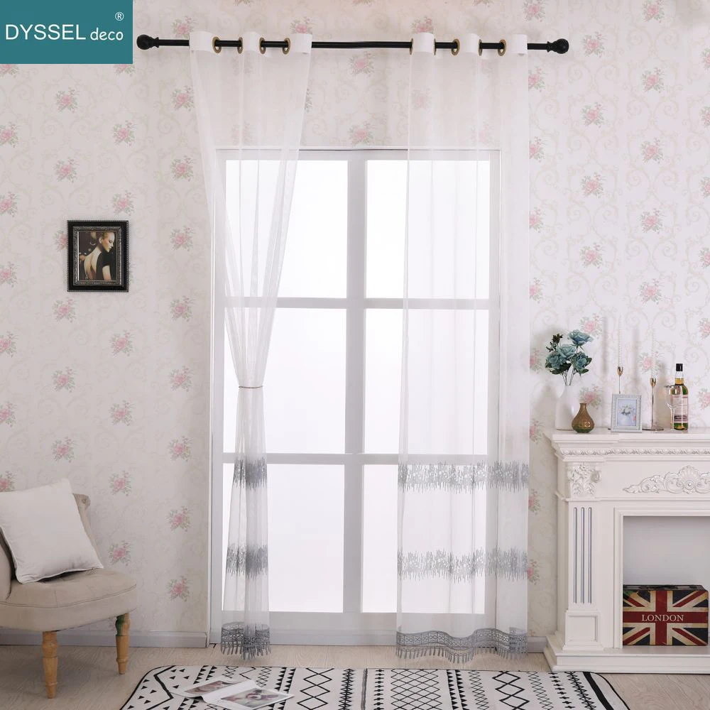 Modern Natural Floral Embroidered Voile Tulle Sheer Window Curtain Scallop Edge for Living Room Bedroom European Style