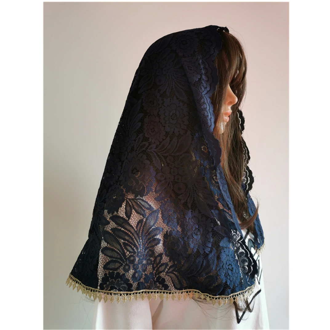 D shape Women Mantilla Catholic Veils Lace Navy Gold Appiques Head Covering for Church Latin Mass Traditional Head scarf Small