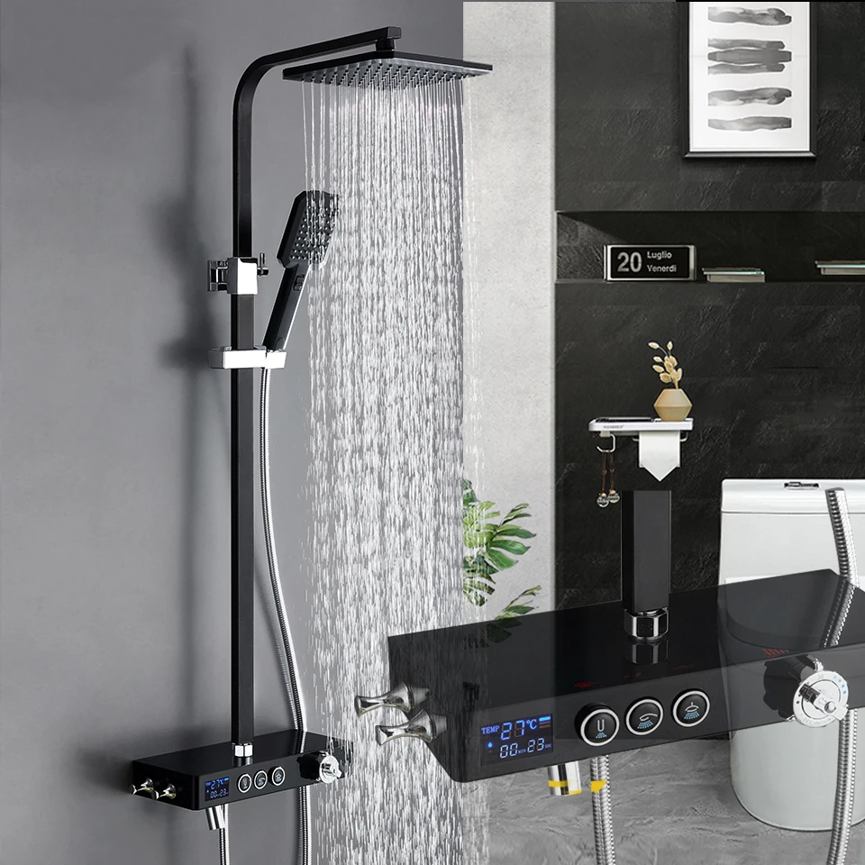 

Luxury Matte Black Bathroom thermostatic Shower Faucet Set White Bathtub Shower Mixer Tap 3-way Shower Mixe