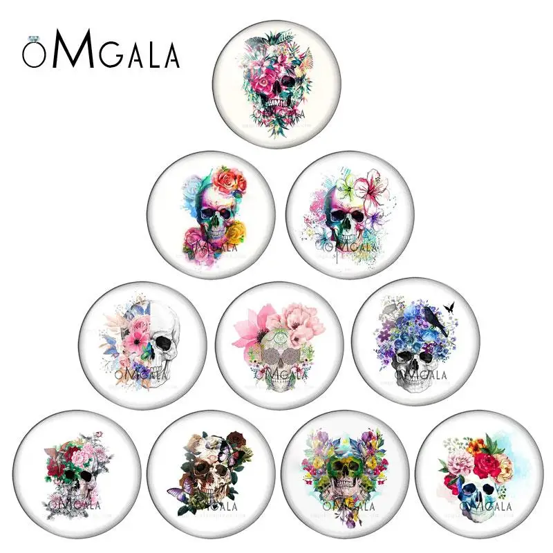 

Watercolor Flower Skull mixed 10pcs 8mm/10mm12mm/18mm/20mm/25mm Round photo glass cabochon demo flat back Making findings