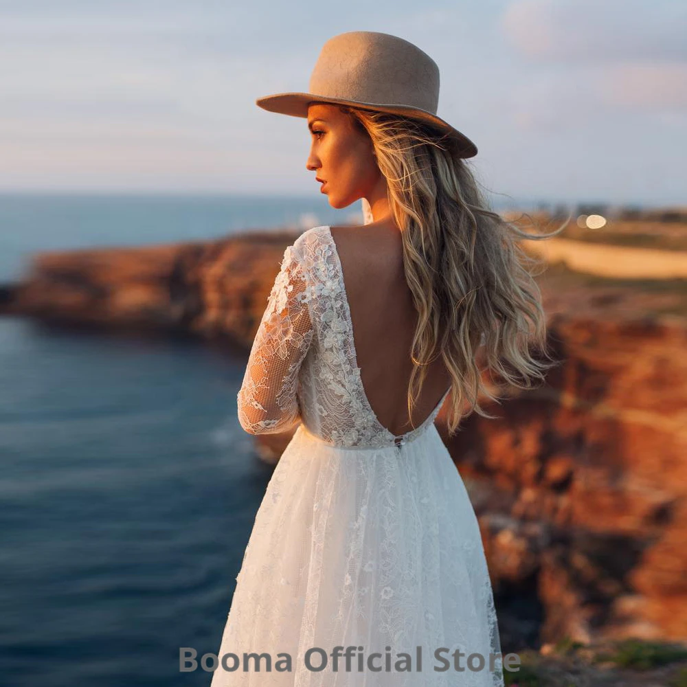 Booma Gaun Pernikahan Renda Elegan Boho Gaun Pengantin Tulle Lengan Panjang Gaun Pernikahan Pantai A-line Gaun Pesta Putri Bohemia