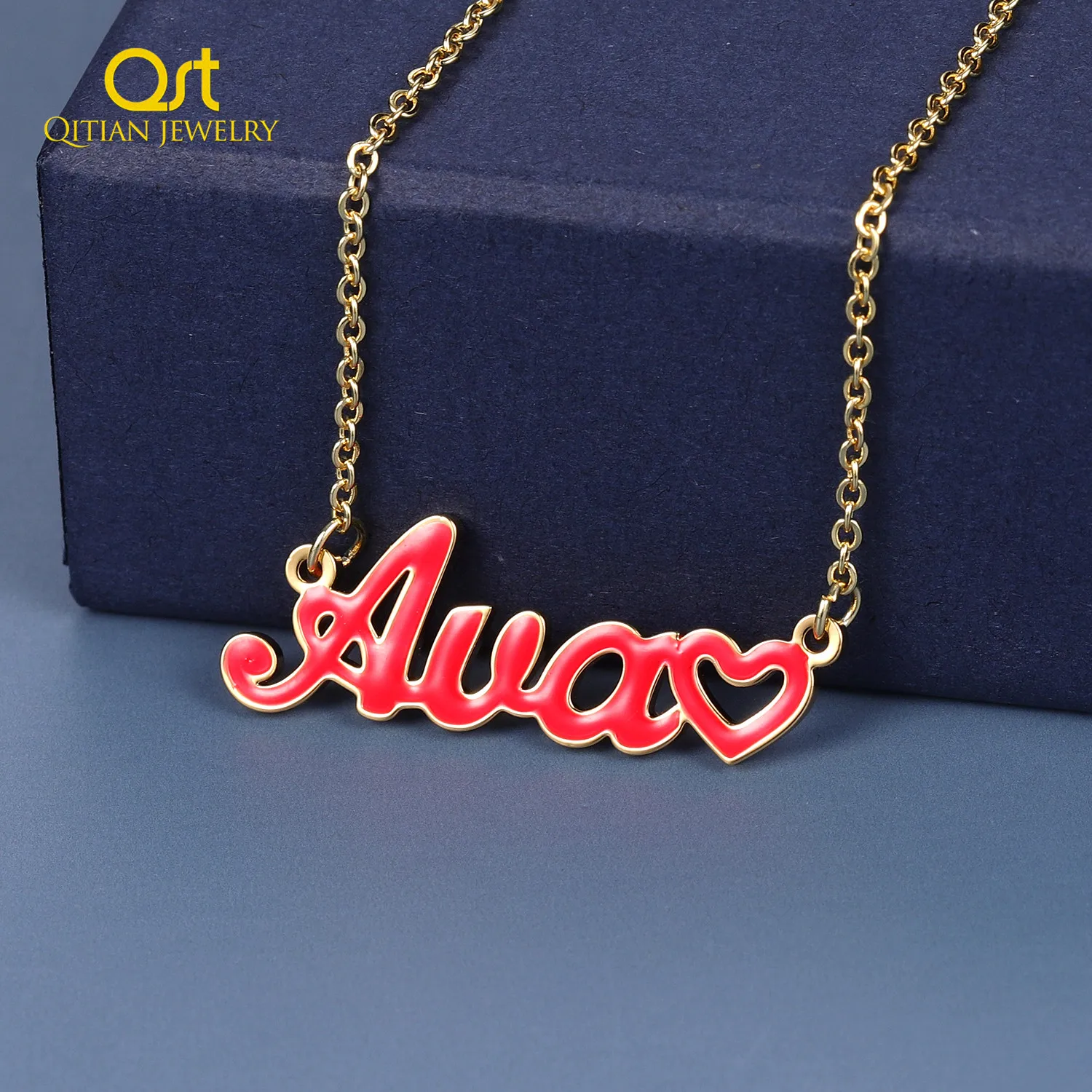 

Qitian Custom Colorful Name Necklaces Enamel Heart Necklace Stainless Steel Pendant Personalized DropOil Name Jewelry For Women