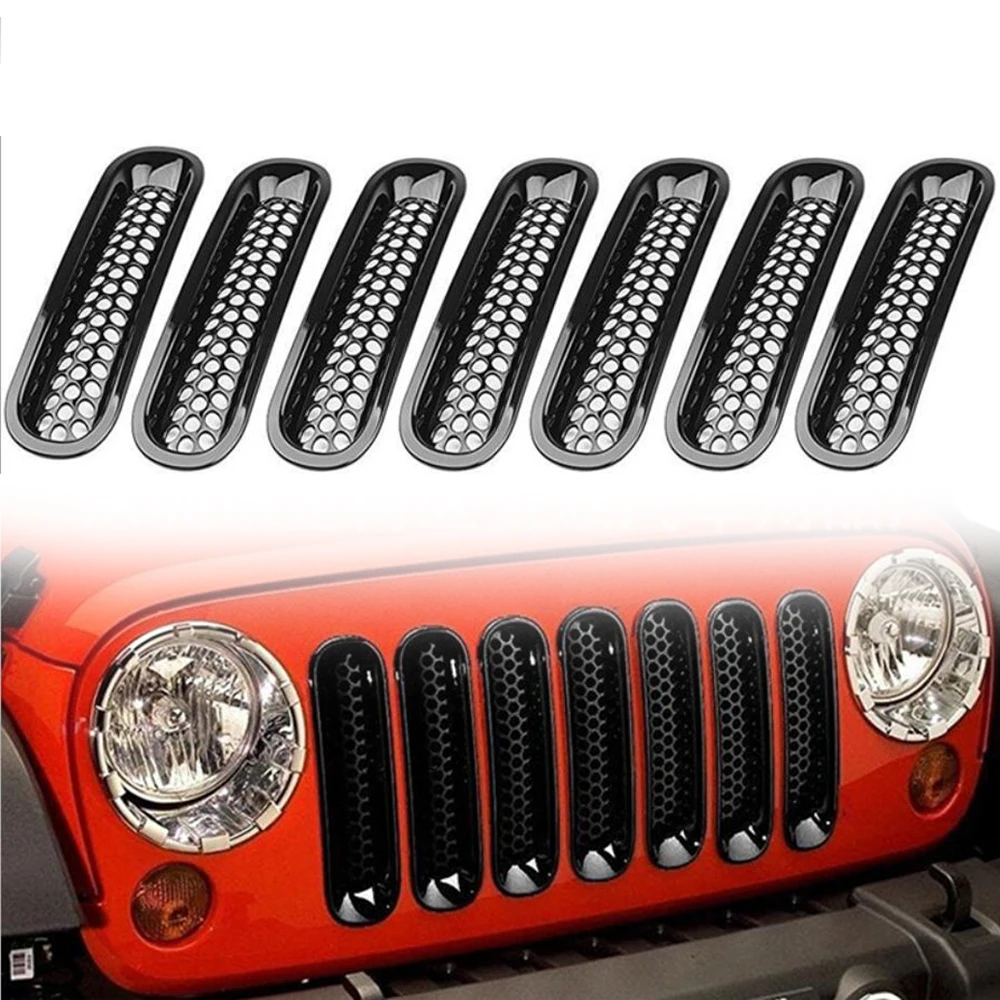 

For Jeep Wrangler JK 2007-2017 ABS Car Styling Sticker 7pcs Front Insert Mesh Grille Grill Trim Chrome Black Auto Accessories