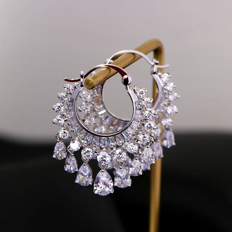 1 Pair Clear CZ Fully-jewelled Earring  Romantic Earrings Hoop Dangle Earring Fashion Jewelry