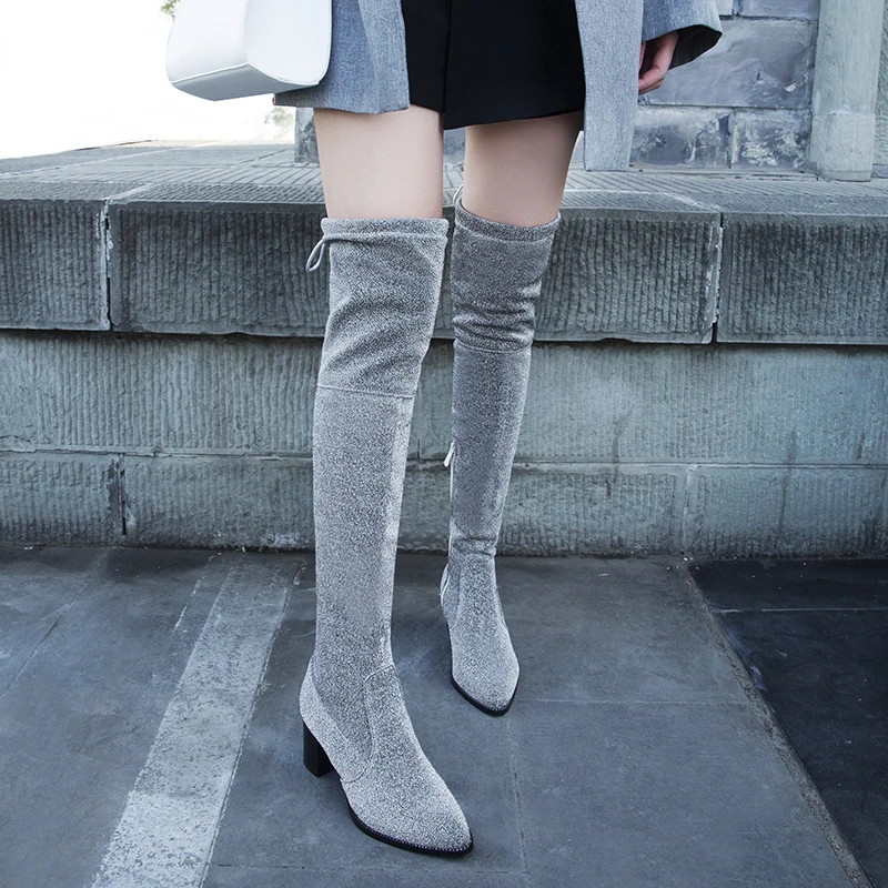 Sgesvier Size 34-43 Women Winter High Boots  Warm Fur Women High Boots Silver Blue Strength Over the Knee Boots thick heel