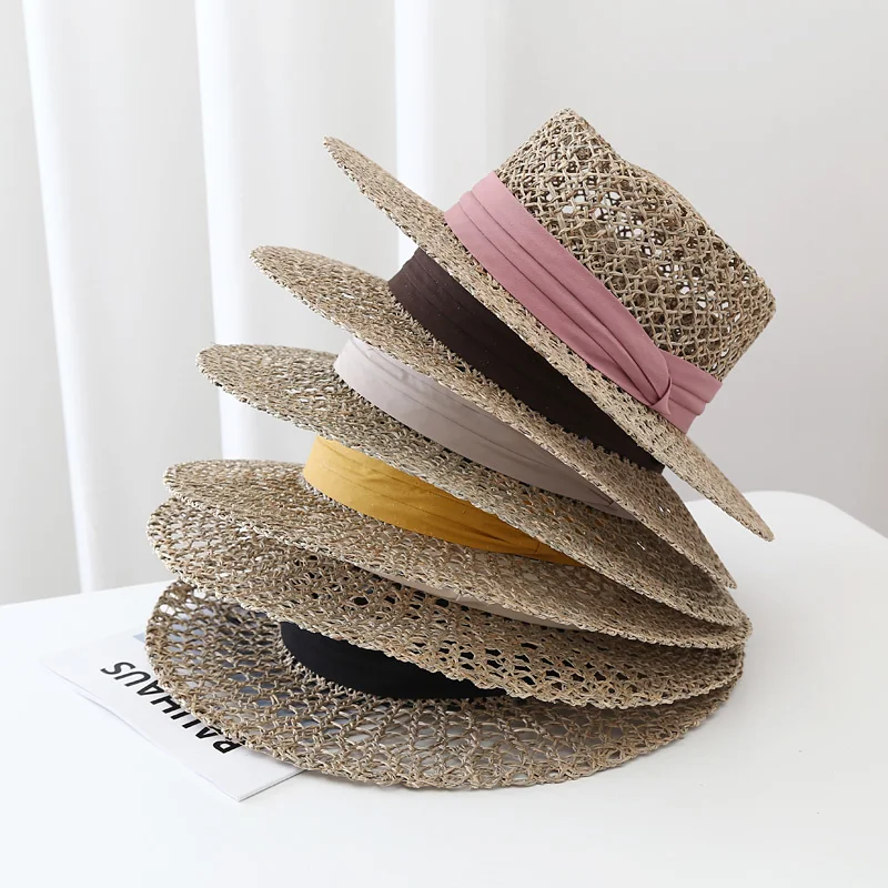 2021 New Flat top Raffia Ribbon straw hat Summer women\'s caps pearl beach sun hats Solid color Broken edge fashion Solid color