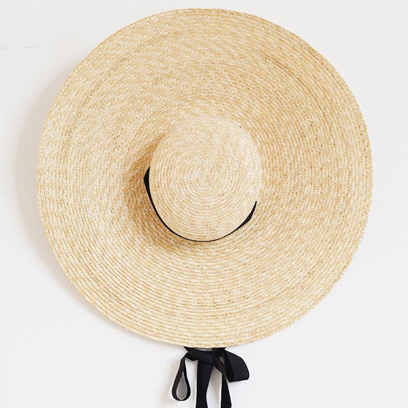 New summer sunscreen beach hat elegant and natural 15cm big straw hat wide brim Kentucky Derby ladies hat ribbon girl cap Bow