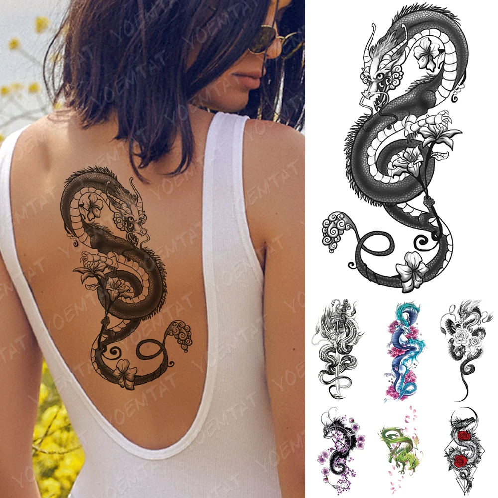 Waterproof Temporary Tattoo Sticker Dragon Lotus Plum Rose Tattoos Sword Snake Body Art Arm Fake Sleeve Tatoo Women Men