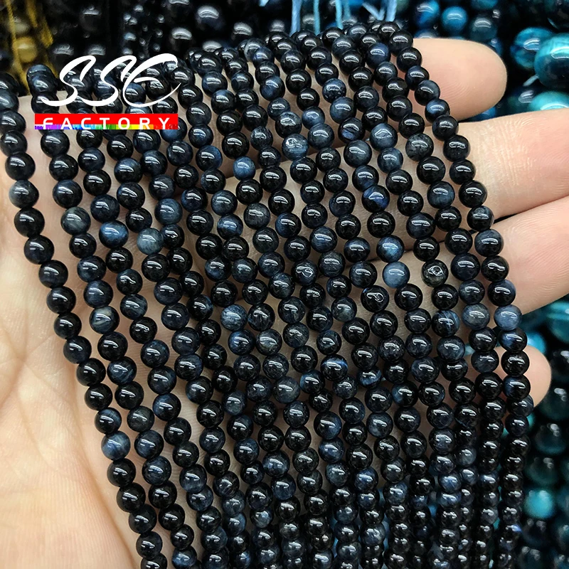 Natural Stone Dark Blue Tiger Eye Beads Round Loose 4 6 8 10 12 14 Mm 15\'\' Strand Beads for Jewelry Making Bracelet DIY