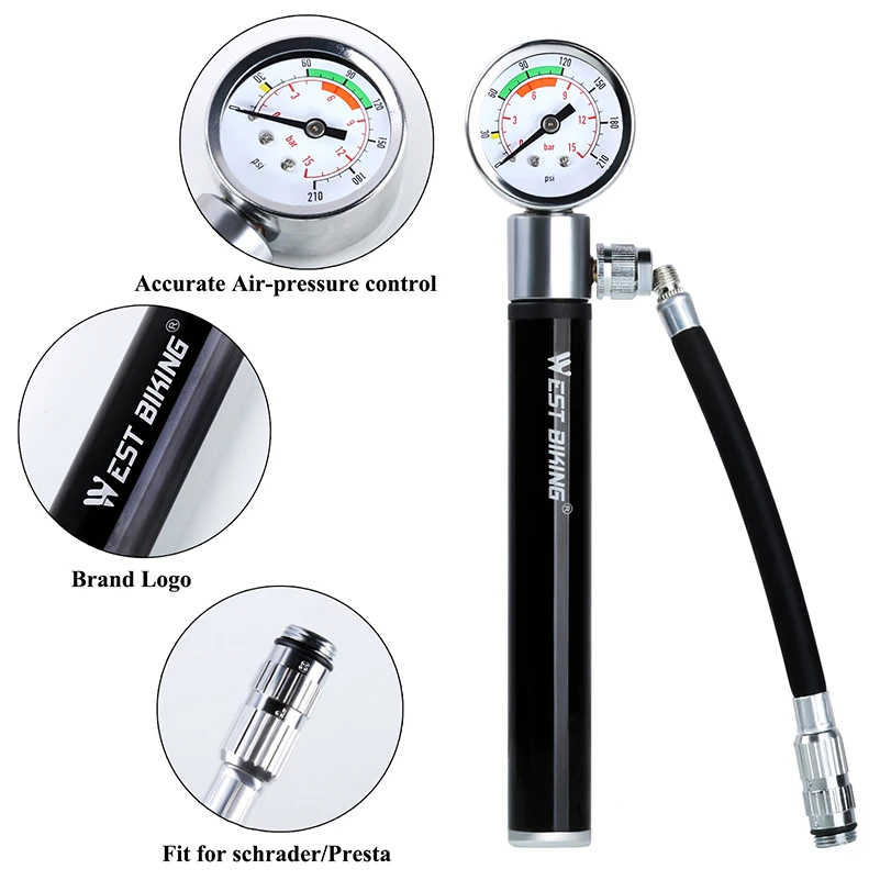 WEST BIKING 120Psi Portable Bicycle Pump With Pressure Gauge Presta Schrader Valve Pump For Ball Road MTB Tire Bike Cycling Pump