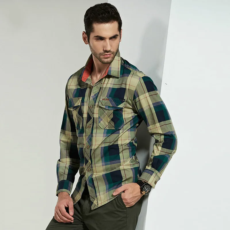 Plaid Shirt Men 100% Cotton Spring Summer Autumn Long Sleeve Denim Pockets Mens Shirts Camisetas hombre Plus Size 4XL