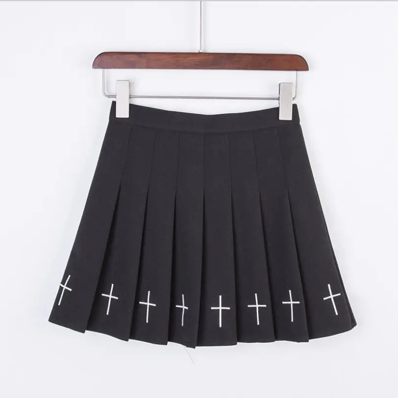 Summer Pleated Women Streetwear Wild Black Skirts Gothic A-Line Embroidery Mini Skirt