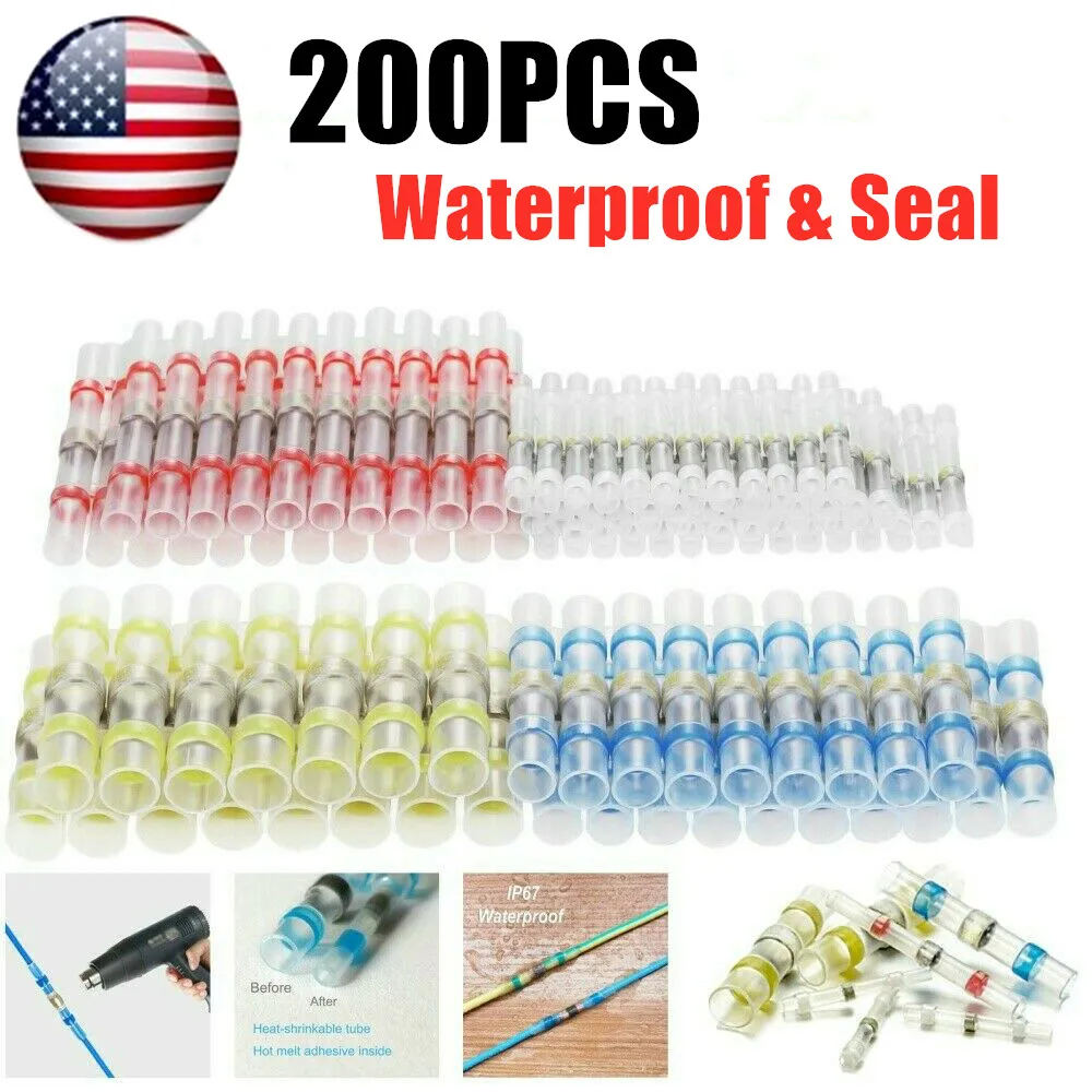 200PCS 10-26AWG Waterproof Solder Seal Sleeve Splice Terminals Heat Shrink Electrical Wire Butt Connectors Kit 0.5-6.0mm2