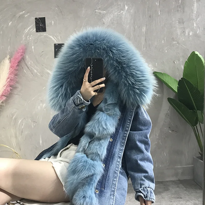 Real Coat Women Natural Rabbit Liner Raccoon Fur Collar Parka Womens Hooded Denim Jacket Chaqueta Hombre B450 YY457