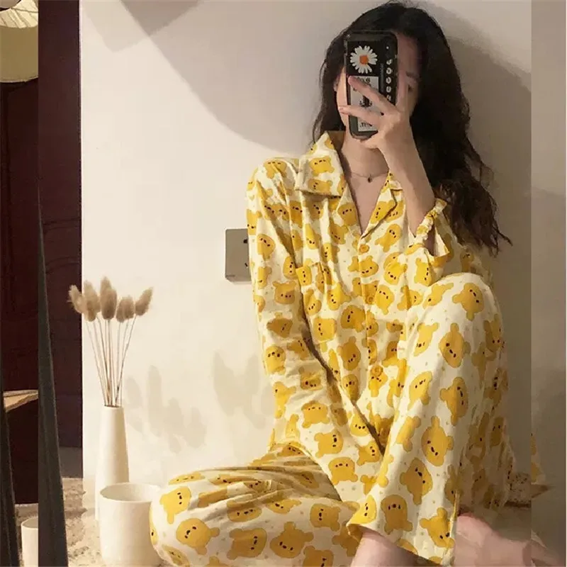 Disney-Pijama con estampado de estrella de dibujos animados para mujer, ropa de dormir con solapa, cárdigan de manga larga, traje de 2 piezas, para primavera y otoño