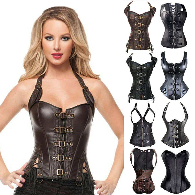 Sexy Steampunk Corset Top Leather Gothic Bustier Overbust Slimming Burlesque Tummy Control Belt Waist Shaper Plus Size 6XL Vest