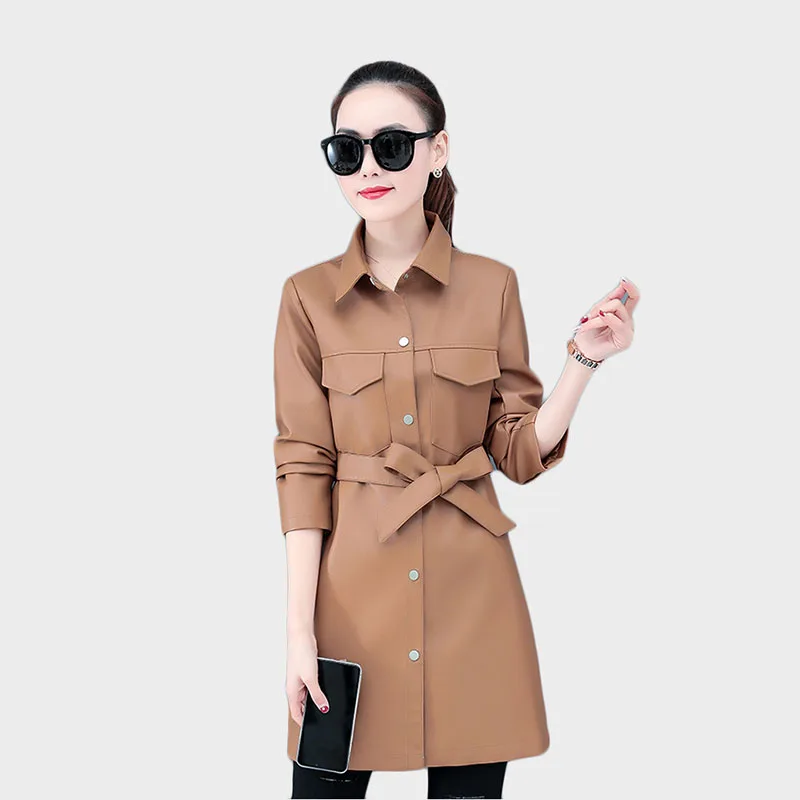 UHYTGF 2023 New Leather Jacket Women Long Coat Ladies Leather Trench Coat With Belt Spring Autumn Leather Jackets 129