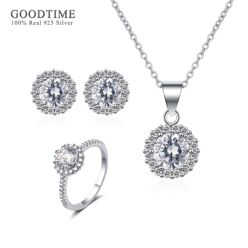 Luxury 925 Sterling Silver Jewelry Sets Round Rhinestone Zircon Necklace Earrings Ring Gift For Women BridE Wedding Party