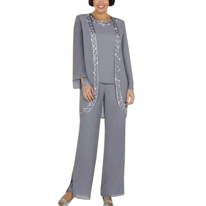 Bạc Mẹ Của Cô Dâu Pantsuits Voan Pantsuit Nữ Bộ Kèm Áo Khoác 3 Tùy Chỉnh Đầm Khách Áo Váy Plus kích Thước