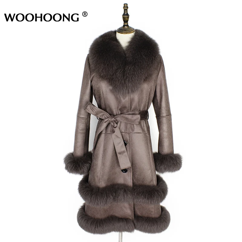 

2021 New Ladies Winter Coat Real Fur Rabbit Fur Coat And Fox Fur Collar Decoration Long Coat Close-Fitting Leather Slim