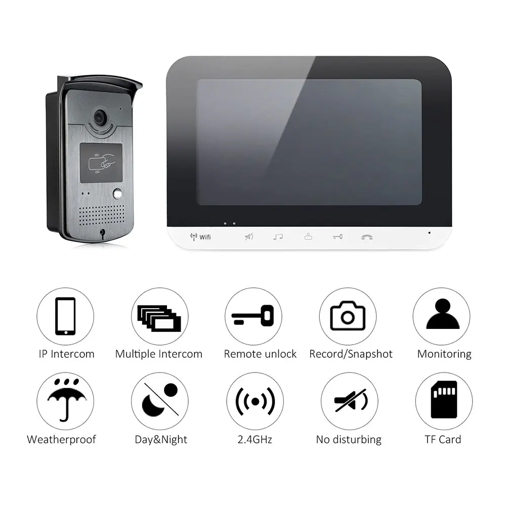 Wired 7 inch Screen Wifi Video Door Phone Intercom Entry System 1 Monitor Support TF Card Record + 1 RFID Doorbell HD Camera