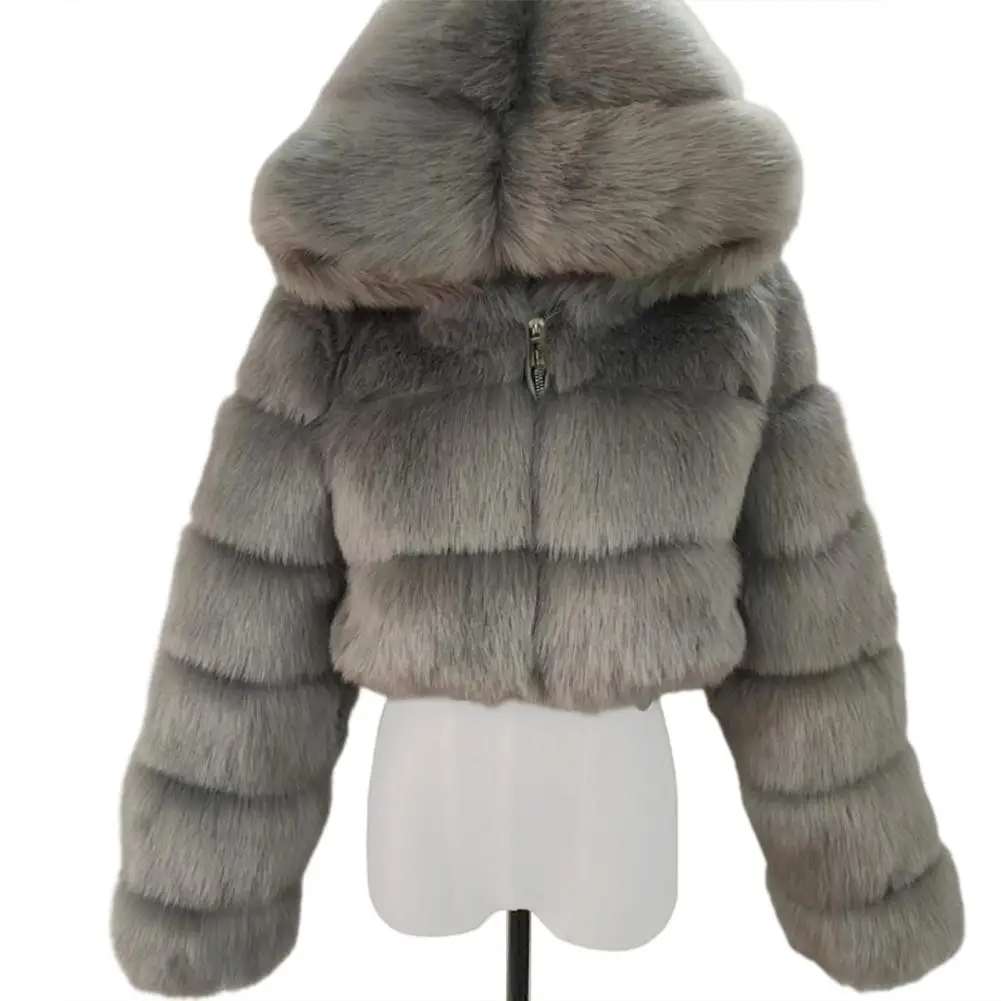 Faux Fur Women Jacket 2023 Fleece Warm Solid Color Patchwork Long Sleeve Hooded Zipper Coat Sexy Short Jacket