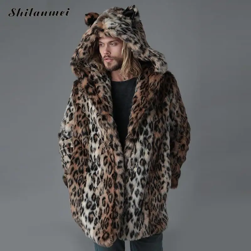 

2023 Winter Male Leopard Fur Jacket Hooded Plus Size Faux Fur Jacket For Men 4xl Long Style Fur Overcoat Warm Men Fur Outerwear