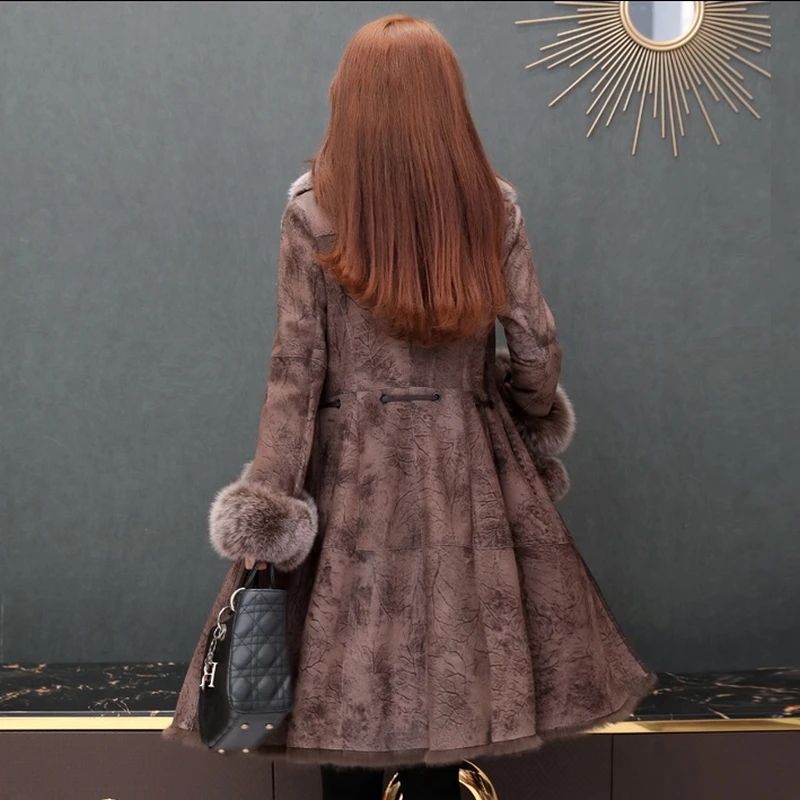 2021 New Double Face Leather Fur Coat Long Women's Mid - Length Trim Fox Fur Collar Cuffs Real fur Outwear Warm Winter