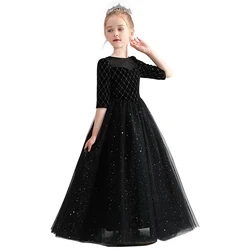 Dideyttawl Black Sparkly Half Sleeves Girls Pageant Gown Corduroy Junior Bridesmaid Dresses Flower Girls Dress Birthday Party