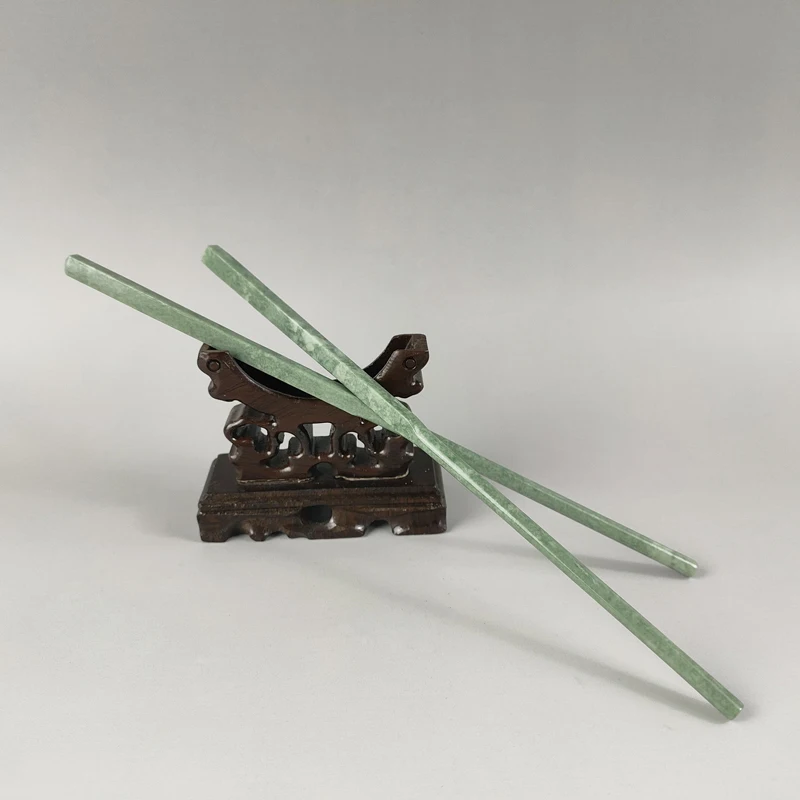 A Pair of Exquisite Chinese Traditional Craft Gift Natural Snowflake Green Jade Handmade Chinese Chopsticks